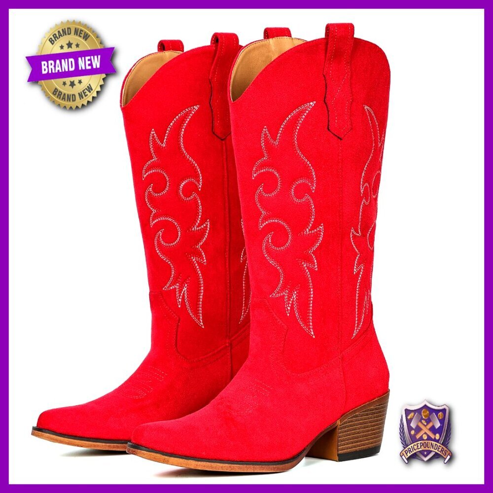 Western Cowgirl Boots Mid Calf Snip Toe Chunky Heel Handcrafted Embroidery